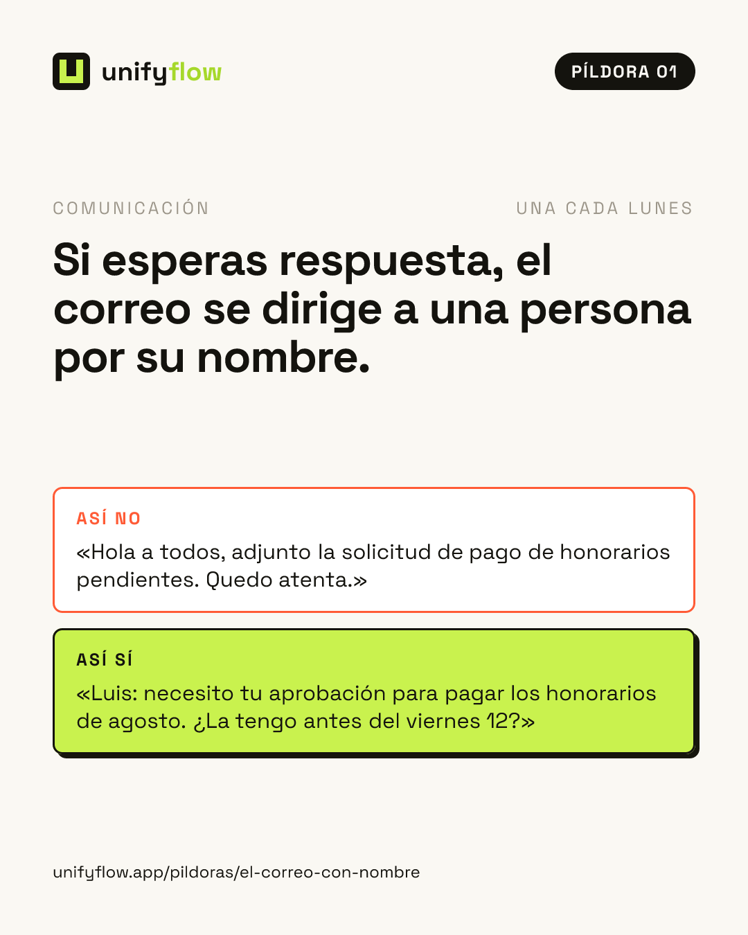 Lámina de la píldora 01: Si esperas respuesta, el correo se dirige a una persona por su nombre.